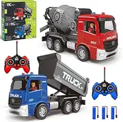 AISYAH Remote Control Red Mixer Truck and Blue Tipper Truck Toy with Lights and Sounds, Construction Vehicle RC Truck Toy, Ideal Kids Birthday Gift