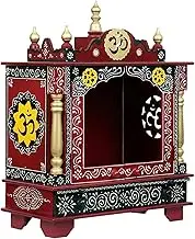 Krisha Krafts Handpainted Wooden Home Temple with Transparent Glass Doors and in Side LED Lights (Maroon, Medium Size- 18x12x24 Inch)