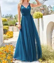 Ever Pretty Floor Length V Neck Tulle Dress In Teal Size 0XL NWT MSRP $79.99