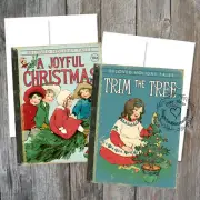 2 Retro Style Christmas Tree Christmas Games Blank Gift Note Greeting Card #C7