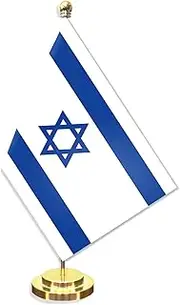 Israel Desk Small Flag Set,5×8 Inch Mini Israelis Desktop Banner,12" Metal Solid Pole Decor,Tiny Digital Printed Polyester Banner With Golden Base
