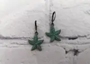 Minimalist Teal Starfish Dangle Drop Lever Back Earrings, Fun Beach Jewelry