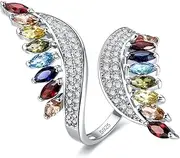 [Zetaur] 925 Sterling Silver Marquise Cut Cubic Zirconia Pave Bypass Wing Open Wedding Engagement Anniversary Statement Eternity Ring