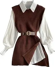 [Qolkmuiy-GJ] Women Knitting Vest 2 Piece Set Spring Autumn Knitted Gilet Suit with Belt Turn Down Collar Waistcoat Outfits