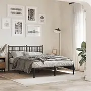 Metal Bed Frame with Headboard, Queen Size 135x190 cm - Sturdy Base for Bedroom Furniture, Black, Extra Storage Underneath, Platform Slats Design