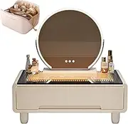 Small Vanity Table,Dressing Table with Mirror and 1 Drawer,Makeup Vanity Table with Storage Bucket,3 Lighting Modes,for Tatami
