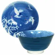 SET of 2 Japanese Rice Soup Bowl 5.25"D Porcelain Tsuru Crane Wave Made in Japan