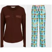 Peter Alexander Women’s Rugrats Flannelette PJ Pants/Chocolate LS Henley - XXS