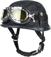 Retro German Style Motorcycle Half Helmet Personality Leather Open Face Half Shell Helmet with Goggles Men & Women Street Cruiser Scooter Moped Jet Helmet DOT Approved