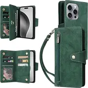 YocoverTech for iPhone 16 Pro Max Case,for iPhone 16 Pro Max Wallet Case[6 Card Slots and 1 Zipper Coin Pocket] PU Leather Stand Flip Cover with Wrist Strap-Green
