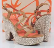 Via Spiga Cai Platform Wedge Espadrille Sandal Leather Tan Camel Size 8.5