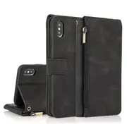 iPhone X Xs Case, 8 Card Slots Retro Leather Wallet Shockproof Flip Kickstand Cover with Zipper Pocket - Black