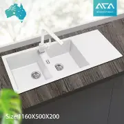 White Granite Quartz Stone Double Bowls Laundry Kitchen Sink Drainboard Overflow