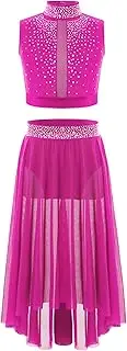 [Riismen] Kids Girls 2 Piece Lyrical Ballet Dance Outfits Shiny Rhinestones Crop Top with High-Low Skirt Set
