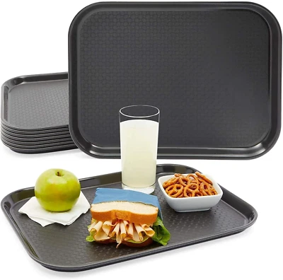 Nonslip 8 Pack Black Plastic Serving Trays for School Lunch, Cafeteria, Fast Foo