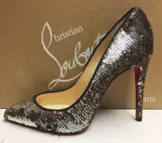 Christian Louboutin Pigalle Follies 100 Paillettes Silver Sequin Heels Shoes 39