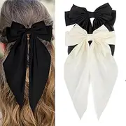 2pcs Large Black Hair Bow Barrettes for Women,Silk Satin Hair Bows for Women, Bowknot Hairpin Black French Style Hair Ribbon (black+white)