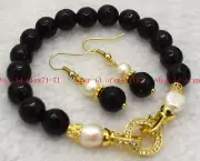 Genuine 10mm Faceted Black Agate Round Gemstone Beads Bracelet Earrings 7.5" AAA