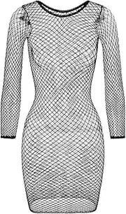 [Generic] Long Sleeve Fishnet Mesh Bodycon Mini Dress, Black