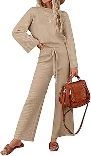 [ZESICA] Women's 2 Piece Outfits Set 2024 Casual Long Sleeve Knit Pullover Top and Wide Leg Pants Sweatsuit Lounge Sets