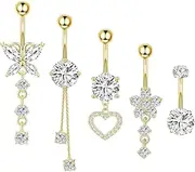 [AKSIQIOL] 5-Pack Premium 14G Surgical Steel Belly Button Bars , Crystal Dangle Navel Rings , Heart & Butterfly Designs , Hypoallergenic Belly Piercing Jewelry , Gold & Silver Finishes , Safe & Stylish Body