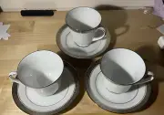 3 Sets - Noritake Cup & Saucer Legendary Crestwood Platinum Bone China