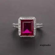 14K White Gold Over 2.55CT Emerald Cut Real Red Ruby Wedding Halo Jewelry Ring