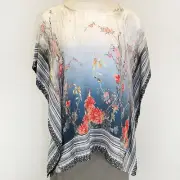 Citron Clothing 100% Silk Art To Wear Birds Blooms Fukure Tunic Blouse Plus 1X