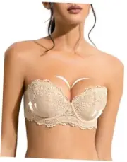 Strapless Bra Push Up with Clear Straps Lace Padded Add 2 Cups 36C Nude
