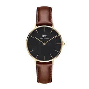 Daniel Wellington DW 手錶 Petite St Mawes 32mm棕色真皮皮革錶-黑錶盤-香檳金框 DW00100548