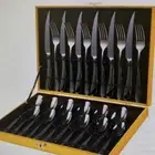 Hammered Black Silverware set 24 piece Flatware in Gold Case Service for 6 New