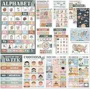 BEAWART 18 Modern Boho Educational Posters for Preschoolers - Laminated Pre-K and Kindergarten Learning Poster Charts for Toddlers 1-3-5 - Homeschool and Classroom Decor for Kids' Walls