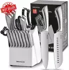 19PCS Kitchen Knife Set with Block & Sharpener 6 Chef 8 Steak Knives (White)