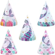 WERNNSAI 12 Pieces Mermaid Party Hat - Mermaid Birthday Party Supplies for Girls Kids Mermaid Theme Party Cone Hat Fun Art Craft Paper Party Hats in 5 Style