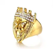 [Generic] Regal Lion Head Ring with Crown - Set Sparkling Diamonds Inlay Hip-Hop Titanium Steel Jewellery Band
