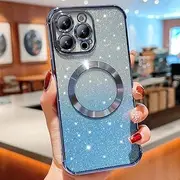 Electroplated Magnetic Phone Case for iPhone 14 13 12 Pro Max 11 Wireless Charging Bling Glitter Lens Protection Cover,Light Blue,for iPhone 14 Pro
