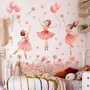 2 Sheets Dancing Princess Wall Decals Peel and Stick Pink Floral Wall Decals for Girls Bedroom Vinyl Flower Wall Decor Ballet Art Large Removable Wall Stickers & Murals for Living Room Girls Room