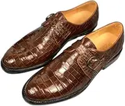 [Generic] Authentic Real Crocodile Skin Businessmen Black Brown Dress Shoes Genuine Exotic Alligator Leather Male Monk Strap Dress Oxfords, Brown, 8