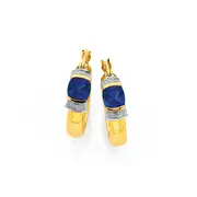 9ct Gold, Created Sapphire & Diamond Cushion Hoop Earrings in Blue