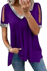 [Zylphorix] Women Cold Shoulder Sequin T-Shirt Glitter Sequin Trim Short Sleeved Top Solid Color V Neck Paillette Blouse Tee