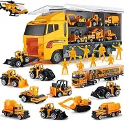 19 in 1 Construction Truck with Engineering Worker Toy Set, Mini Die-Cast Engine Car in Carrier Truck, Double Side Transport Vehicle Play for Child Kid Boy Girl Birthday Christmas Party Favours