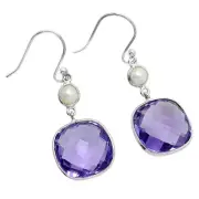 Premium Amethyst Checker Briolette & Pearl 925 Silver Earrings Jewelry E-1002