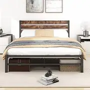 VERFARM Queen Metal Bed Frame with Wooden Headboard, Mattress Foundation, Platform Bed Frame with Strong Steel Slats Support, No Box Spring Needed, Easy Assembly, Black-Brown