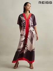 Reiss Ivory/Burgundy Hanna Printed Front Split Midi Dress (M50921) | $510
