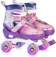 Rainbow Roller Skates for Girls Kids, Gradient Pink Purple 4 Size Adjustable Quad Skates Size XS S, M, L Ages 3-12 with All Light Up Wheels for Kids Youth Outdoor Indoor