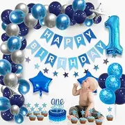 1st Birthday Decorations Blue silver Balloon Garland kit for ONE Highchair Banner Decorations，Happy Birthday Banner with Number 1 Balloon Star Balloon Cake inserts