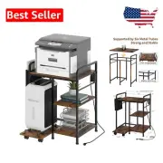 Durable 2-Tier Printer Stand with 3 Power Sockets & Sliding Shelf, Rustic Style