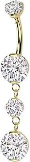 [Pierced Owl] 14GA ASTM F-136 Implant Grade Titanium Internally Threaded Double Prong CZ Crystal with Two Round CZ Crystals Dangling Belly Button Ring