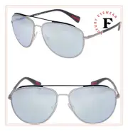 PRADA LINEA ROSSA Brushed Silver Blue 55R Mirrored Aviator Sunglasses PS55RS