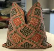 PAIR KRAVET COUTURE / J. BANKS OCHRE "KARIBU" ETHNIC CHENILLE CUSTOM PILLOWS